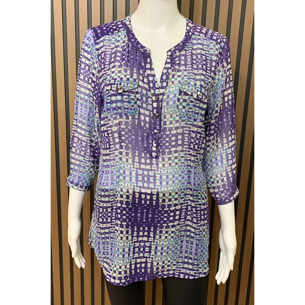 Ariat Purple Geometric Print Sheer Tunic Blouse Studded V-Neck 3/4 Sleeve Small